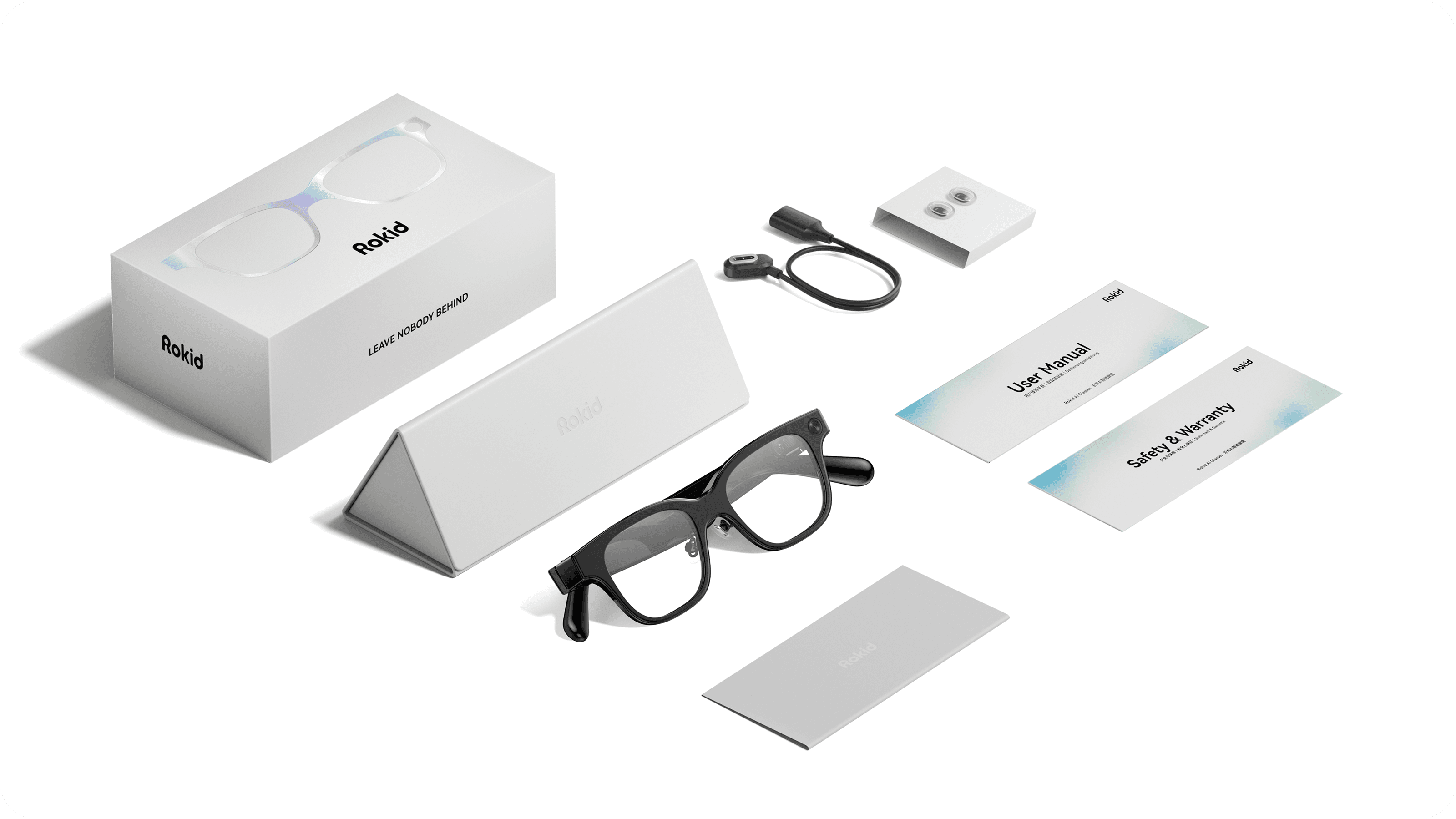 Комплект Rokid Glasses: очки, футляр, кабель, носоупоры и документация